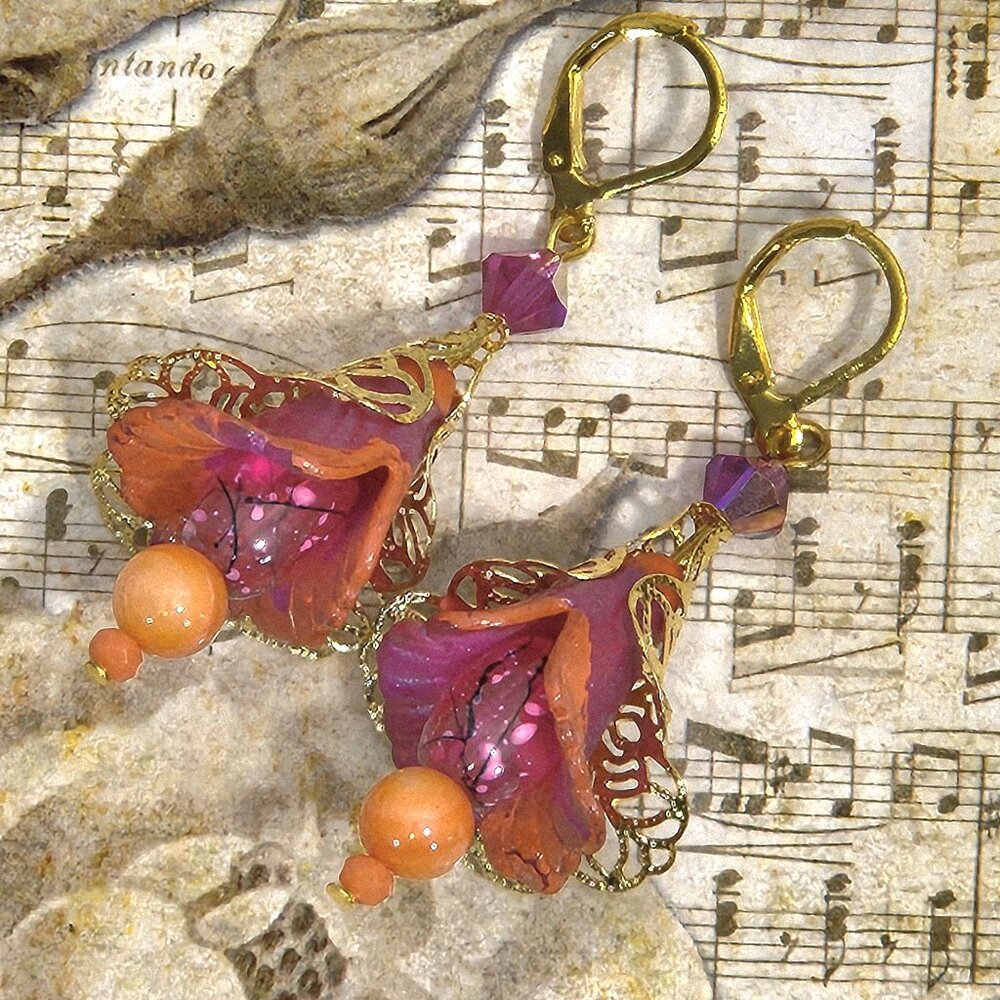 Orange Fushia Hand Painted Lucite Flower Earrings, Crystal, Filigree